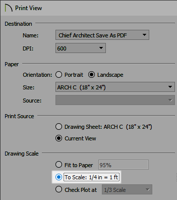 Selecting the To Scale option in the Print View dialog