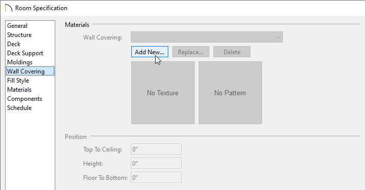 Room specification window, Wall Covering panel selected, Add New button clicked