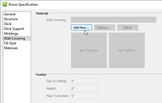 Wall Covering panel of the Room Specification dialog