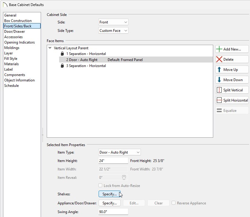 Base Cabinets Defaults window, Front/Sides/Back panel selected