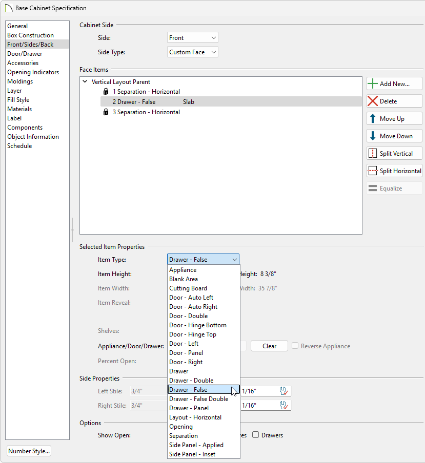 Front/Sides/Back Panel of Base Cabinet Specification, 2 Drawer selected, Item Type changed to Drawer - False