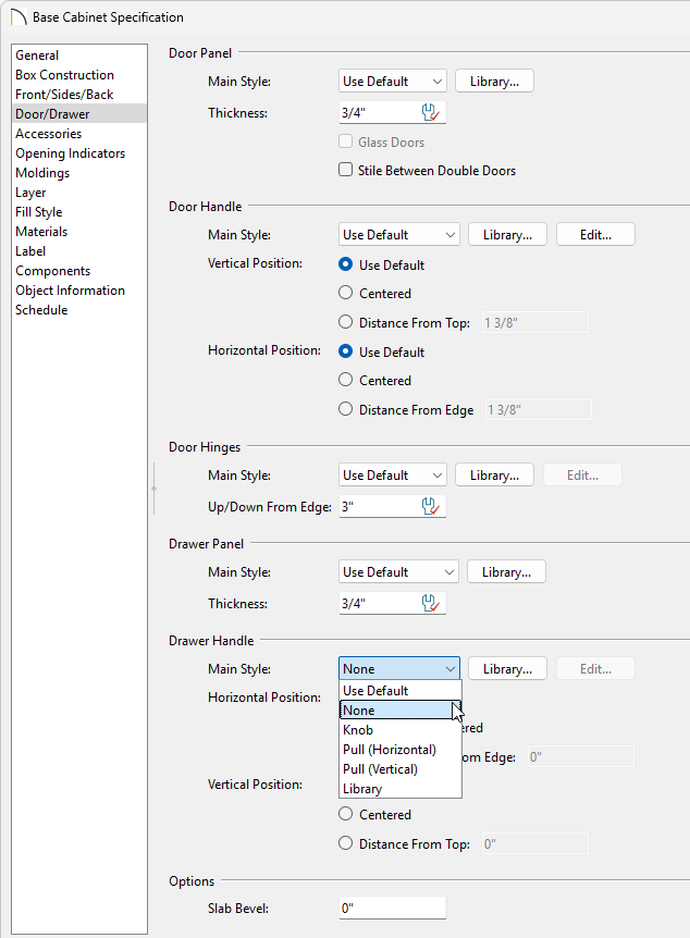 Door/Drawer panel of Base Cabinet Specification, Drawer Handle Style changed to None