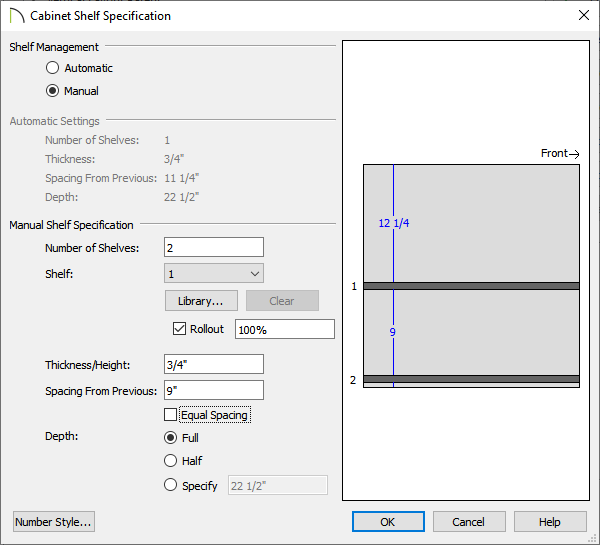 Shelf Specification, Shelf 1, Rollout checked, Spacing From Previous set to 9 inches