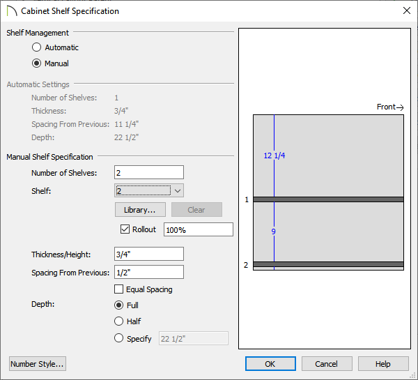 Shelf Specification, Shelf 2, Rollout checked, Spacing From Previous set to 1/2 inch