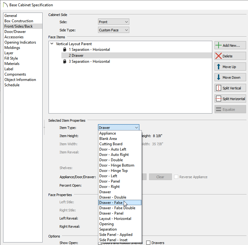 Front/Sides/Back Panel of Base Cabinet Specification, 2 Drawer selected, Item Type changed to Drawer - False