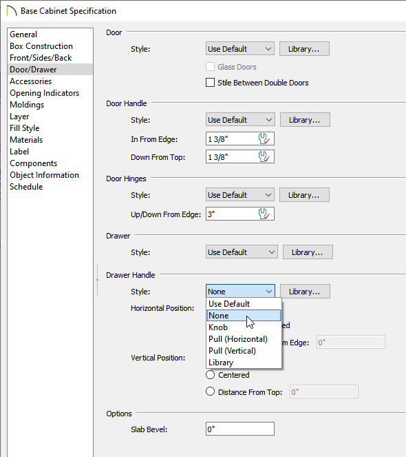 Door/Drawer panel of Base Cabinet Specification, Drawer Handle Style changed to None