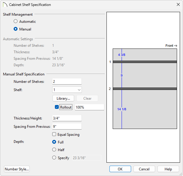 Shelf Specification, Shelf 1, Rollout checked, Spacing From Previous set to 9 inches