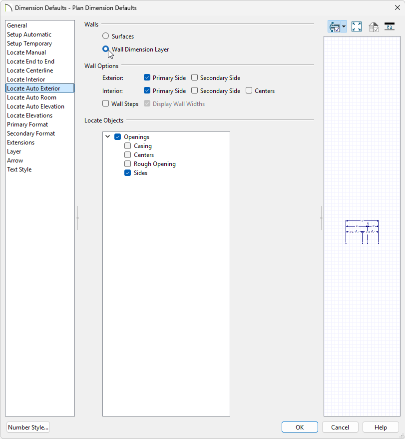 Set your dimensions to locate the Wall Dimension Layer on the various Locate panels.
