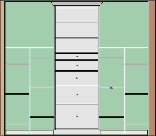 Shelves, partitions, and full height cabinet in a section view