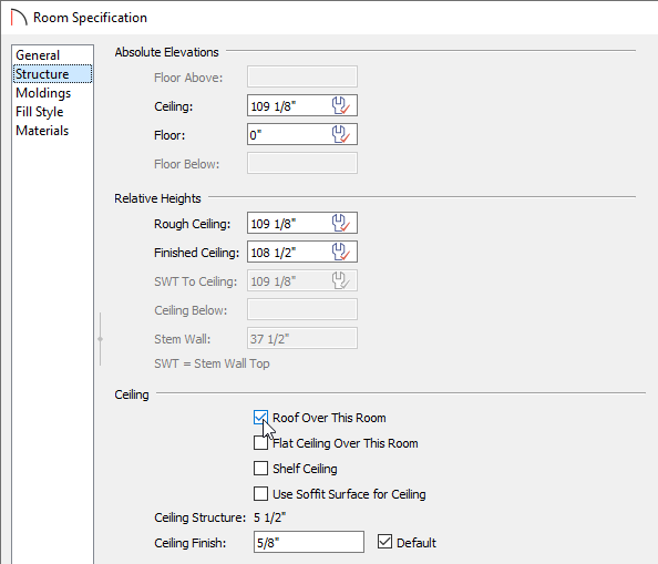 Structure panel of the Room Specification dialog