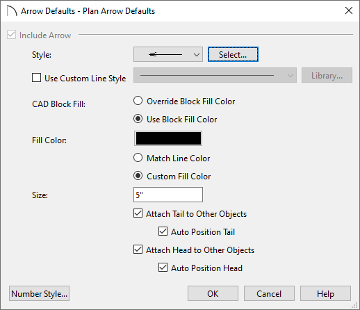 Arrow Default Settings dialog box