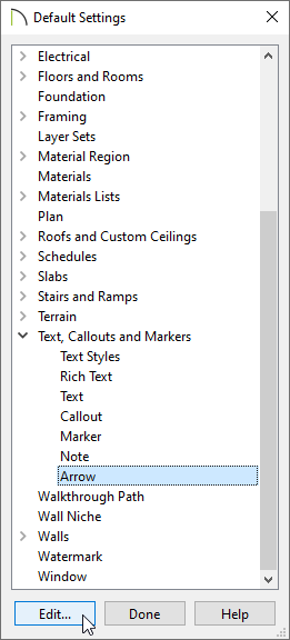 Default Settings dialog with Arrow selected