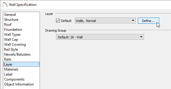 Click Define on the Layer panel of the Wall Specification dialog