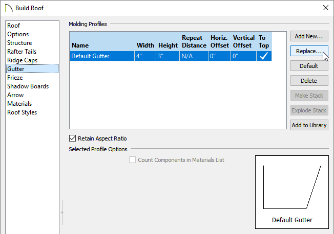 Selecting the Replace button to replace the existing gutter profile 