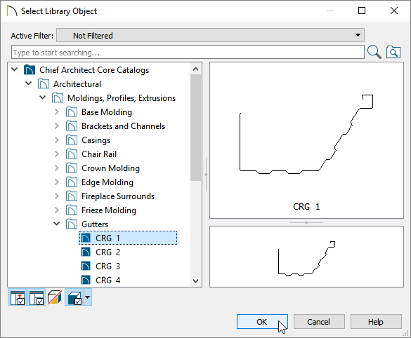 Choosing a gutter profile in the Select Library Object dialog