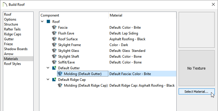 Materials panel of the Build Roof/Roof Plane Specification dialog