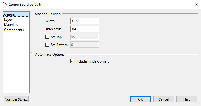 General panel of the Corner Board Defaults dialog