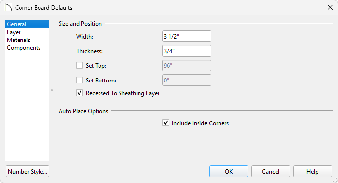 General panel of the Corner Board Defaults dialog