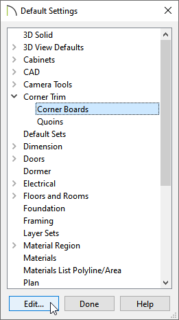 Corner Boards selected in the Default Settings