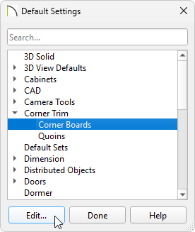 Corner Boards selected in the Default Settings