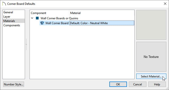 Materials panel of the Corner Board Defaults dialog