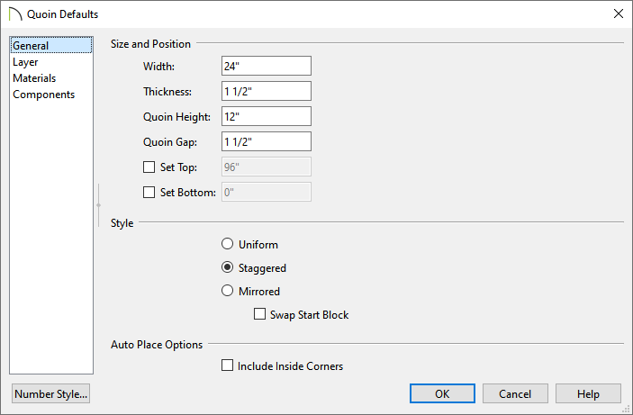 General panel of the Quoin Defaults dialog