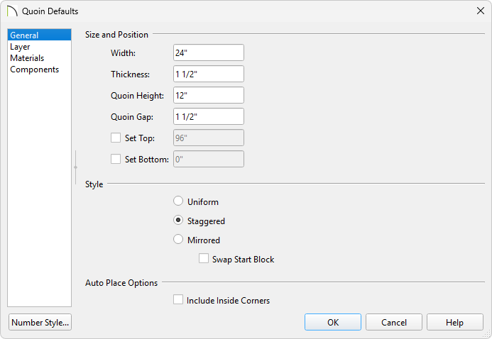 General panel of the Quoin Defaults dialog