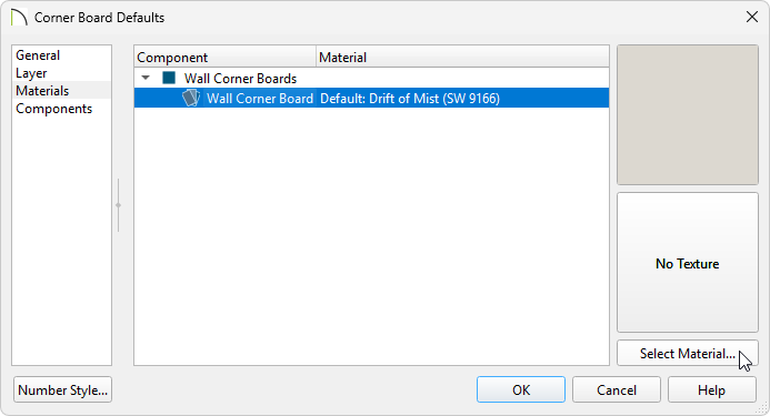 Materials panel of the Corner Board Defaults dialog