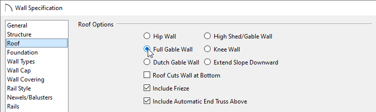 Roof panel of the Wall Specification dialog