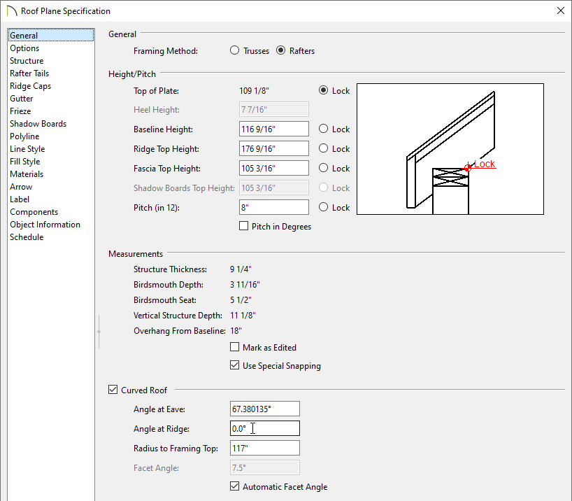 General panel of the Roof Plane Specification dialog