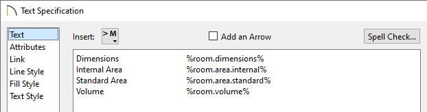 Room Dimensions, Room Internal Area, Room Standard Area, and Room Volume macros specified in the Text Specification dialog