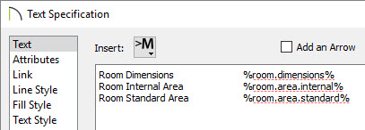 Text Specification dialog containing macros Room Dimensions, Room Internal Area, and Room Standard Area macros specified in the Text Specification dialog