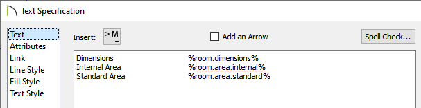 Room Dimensions, Room Internal Area, and Room Standard Area macros specified in the Text Specification dialog