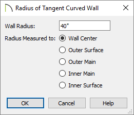 Radius of Tangent Curved Wall dialog in which a radius of 40" is specified