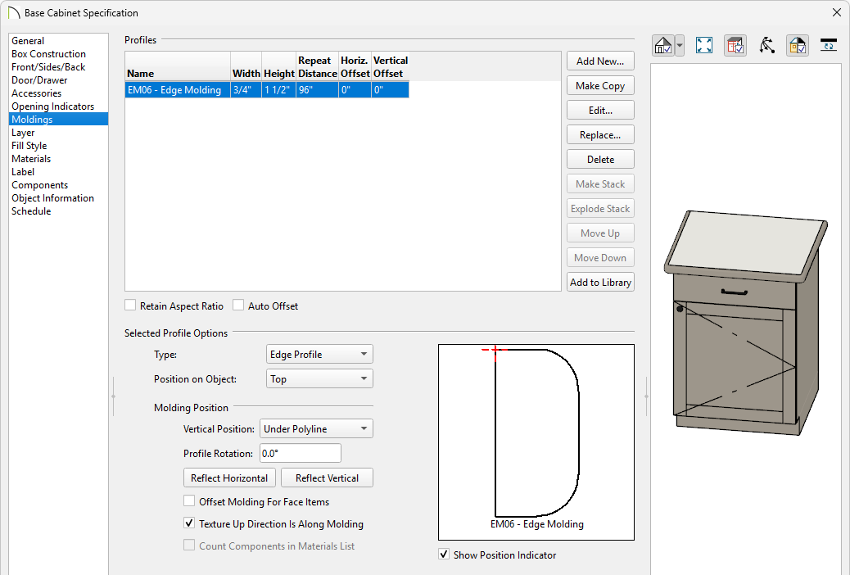 Moldings panel of the Wall Cabinet Specification where moldings can be added and properties can be set