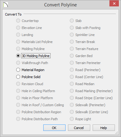 Convert Polyline Convert Polyline dialog with 3D Molding Polyline selected