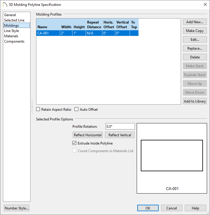 Moldings panel of the 3D Molding Polyline Specification dialog