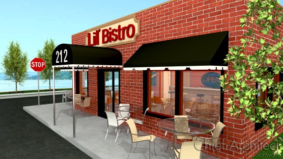 exterior view of bistro cafe with letter sign