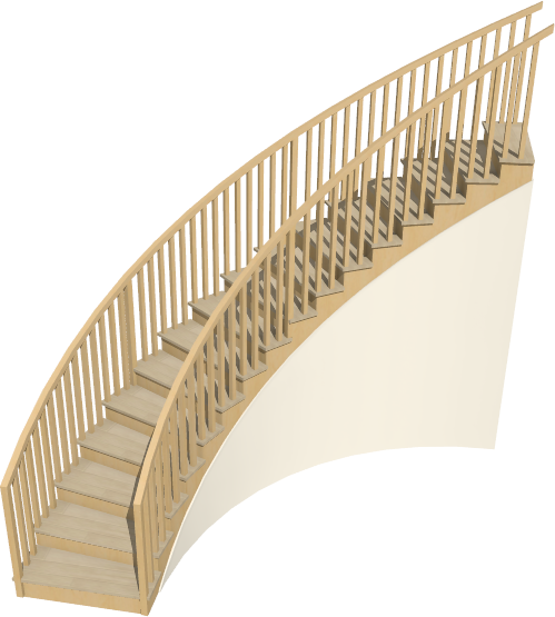 Camera view of a curved staircase with walls underneath