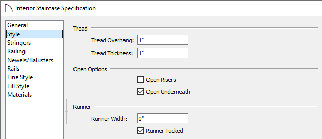 Style panel of the Interior Staircase Specification dialog