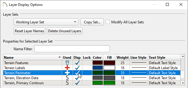 Layer Display Options dialog with the Terrain Perimeter layer displayed