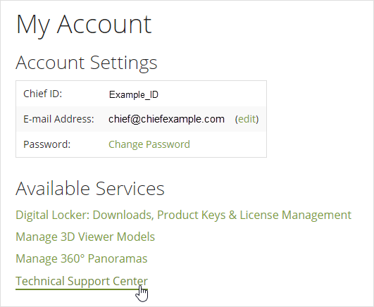 Clicking on Technical Support Center in a Chief Architect online account