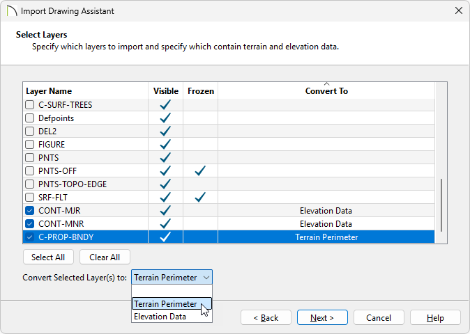 Choose what layers are imported and convert them using the drop-down option