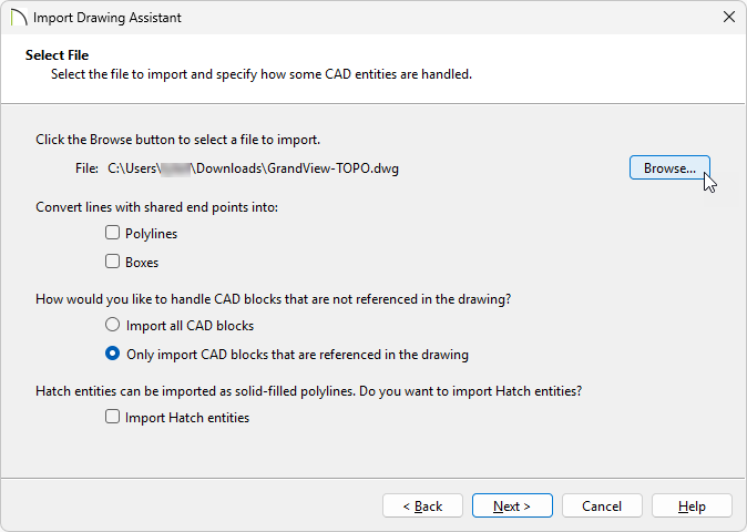 On the Select File portion, click Browse to find and select your DWG file.