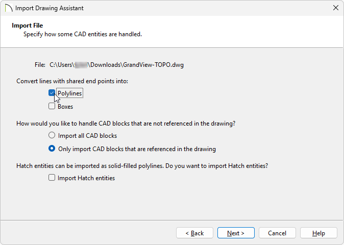 Check the Polylines box on the Select File window