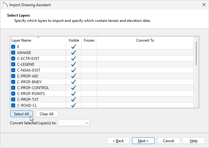 Click the Select All button on the Select Layers window