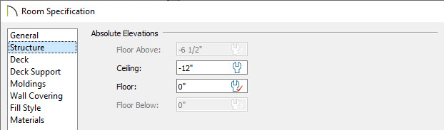Structure panel of the Room Specification dialog