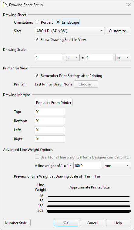 Drawing Sheet Setup dialog with Orientation, Size, Drawing Scale set to 1 inch equals 1 inch, and Margins all set to zero