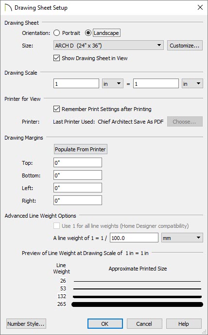 Drawing Sheet Setup dialog with Orientation, Size, Drawing Scale set to 1 inch equals 1 inch, and Margins all set to zero