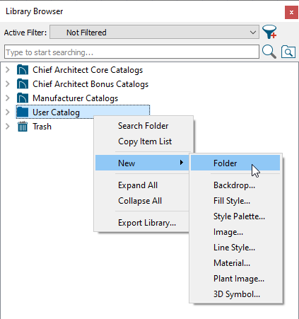 Right-click on the User Catalog folder in the Library Browser and select New> Folder